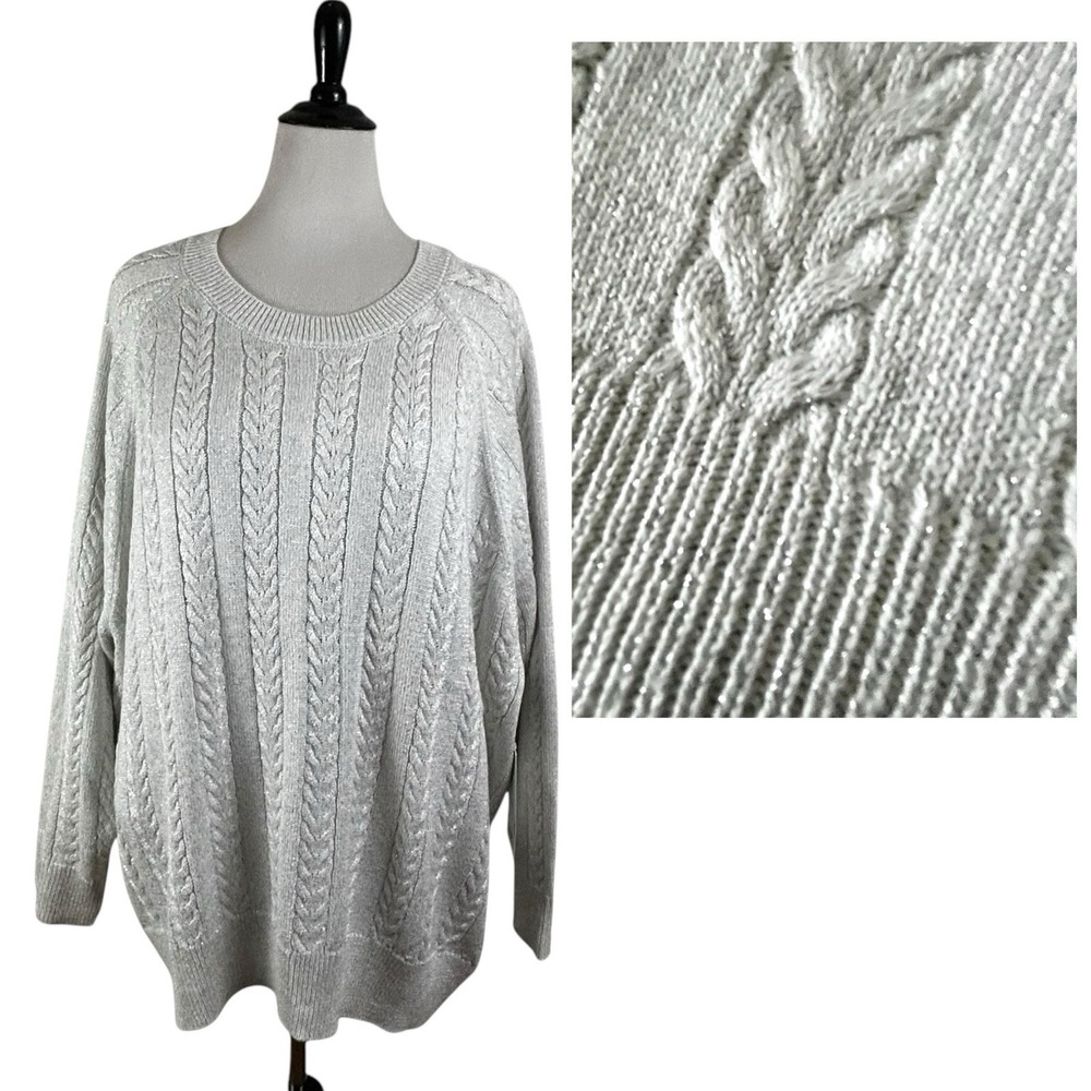 ATHLETA New Glitter Cable Knit SWEATER 3X Wool Hawthorn Silver Crew $149 NWT